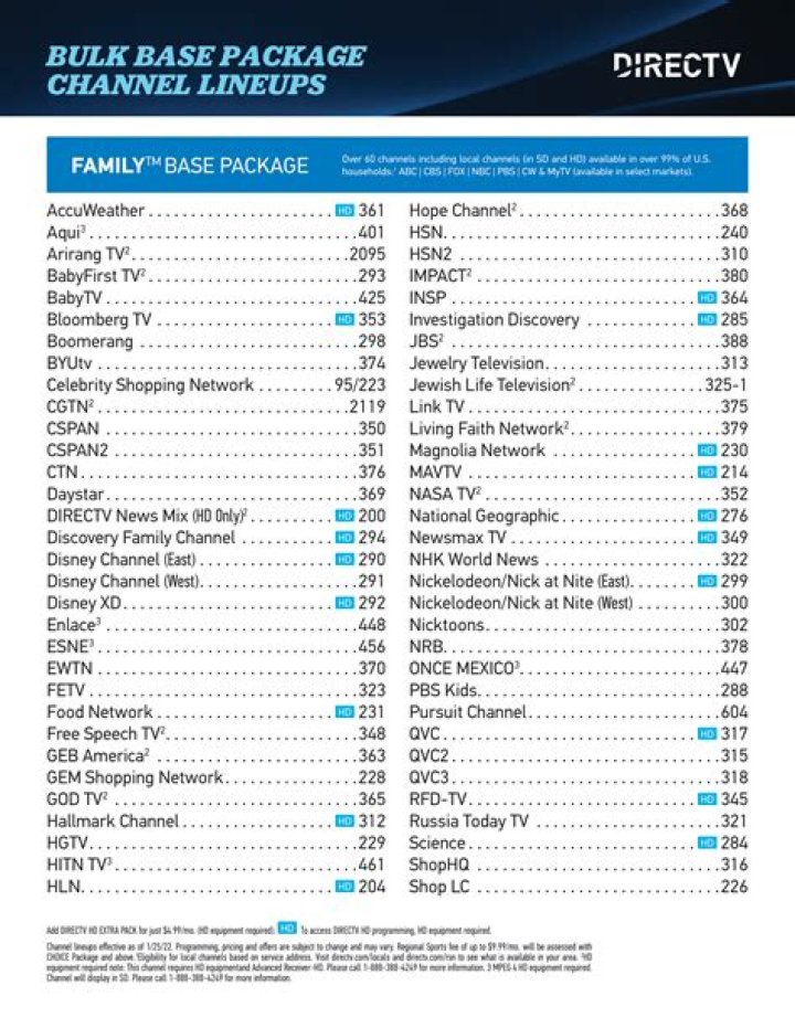 DIRECTV&reg; Channel Lineup